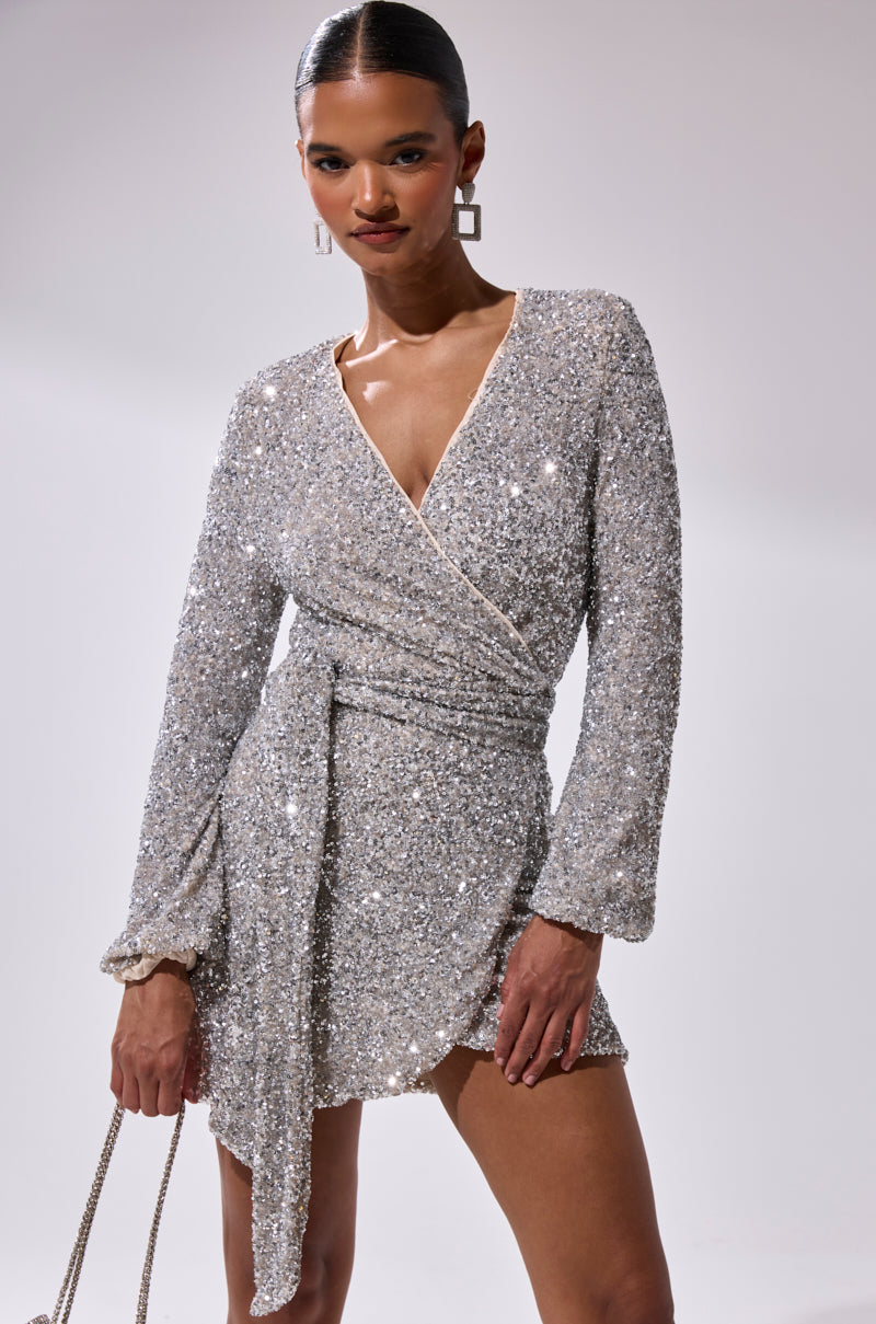 LORETTA SEQUIN WRAP MINI DRESS