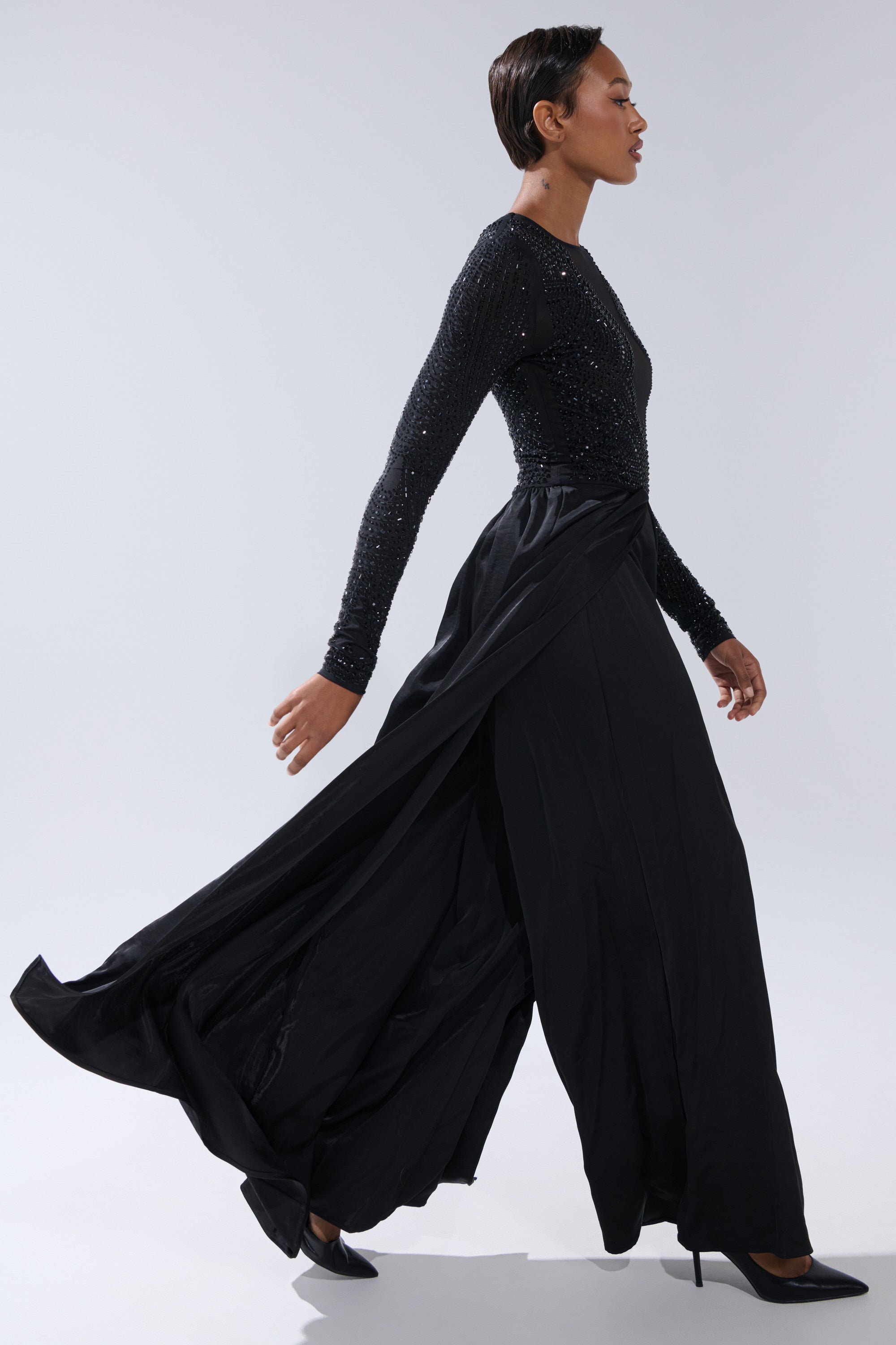 MONACO SATIN MESH JUMPSUIT WITH RHINESTONES