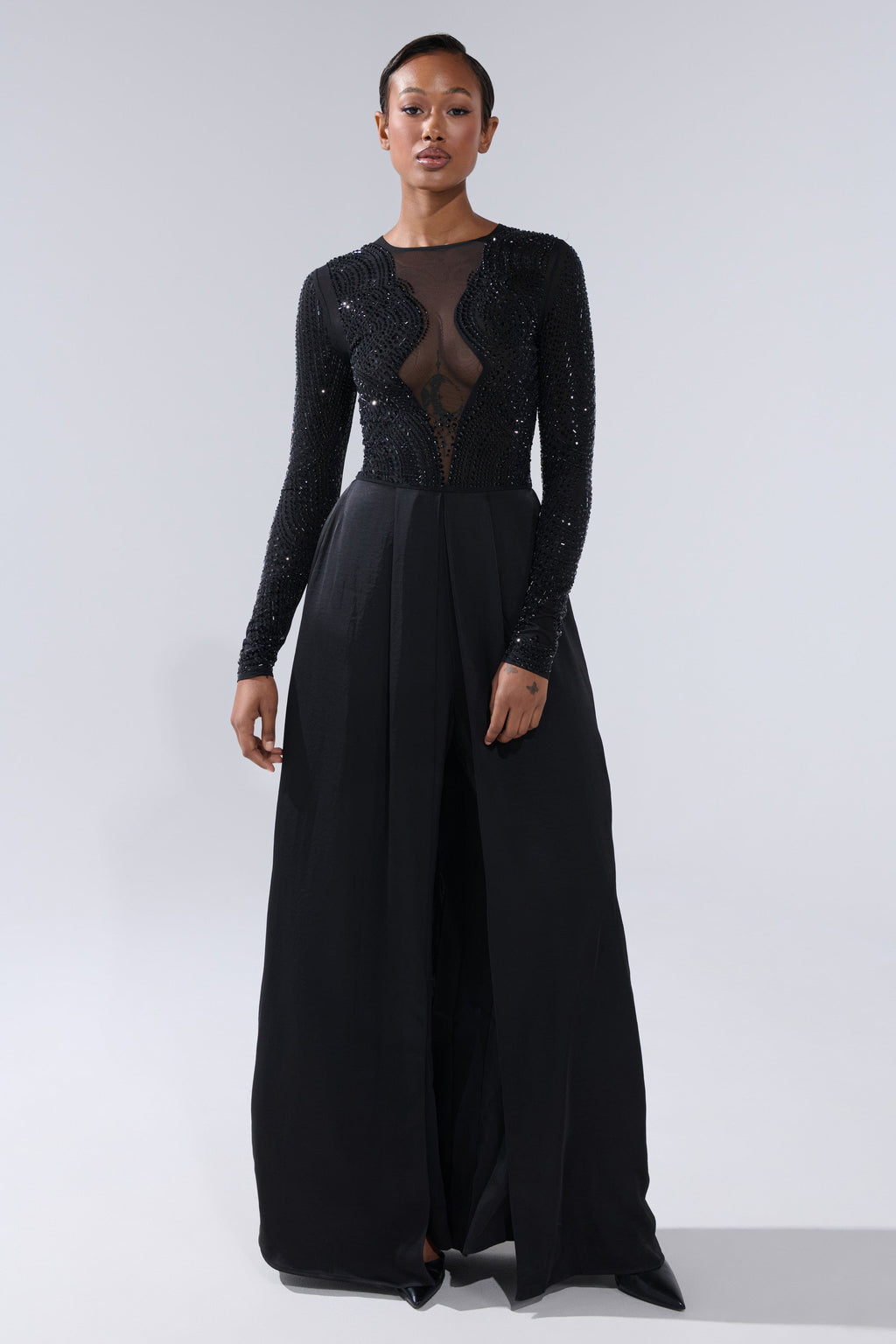 MONACO SATIN MESH JUMPSUIT WITH RHINESTONES