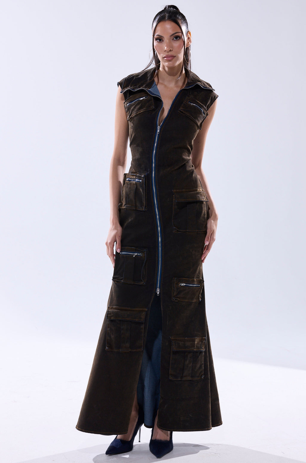 NOW YOU SEE ME VELVET DENIM MAXI DRESS