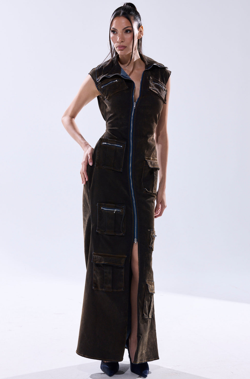 NOW YOU SEE ME VELVET DENIM MAXI DRESS