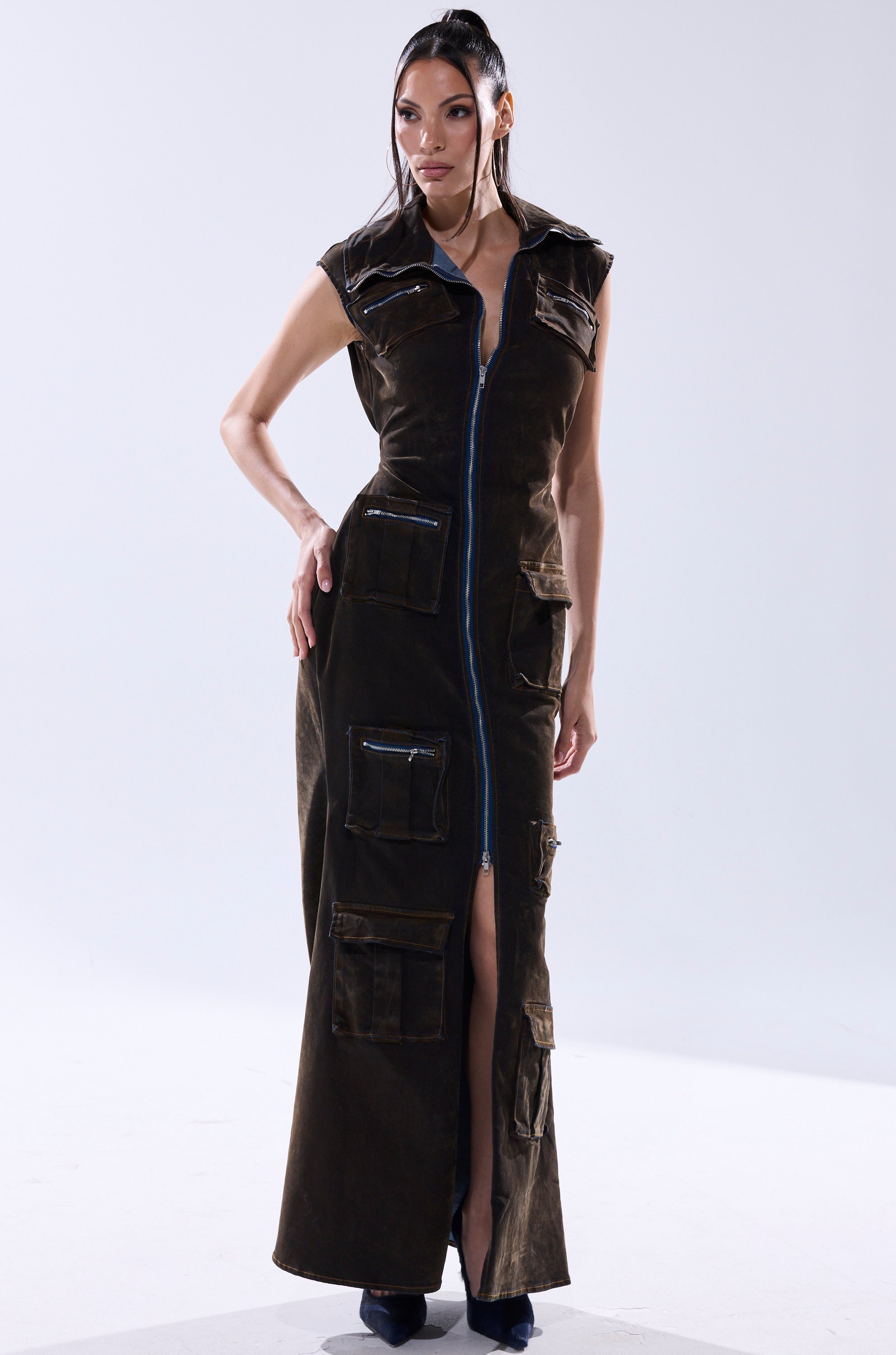 NOW YOU SEE ME VELVET DENIM MAXI DRESS
