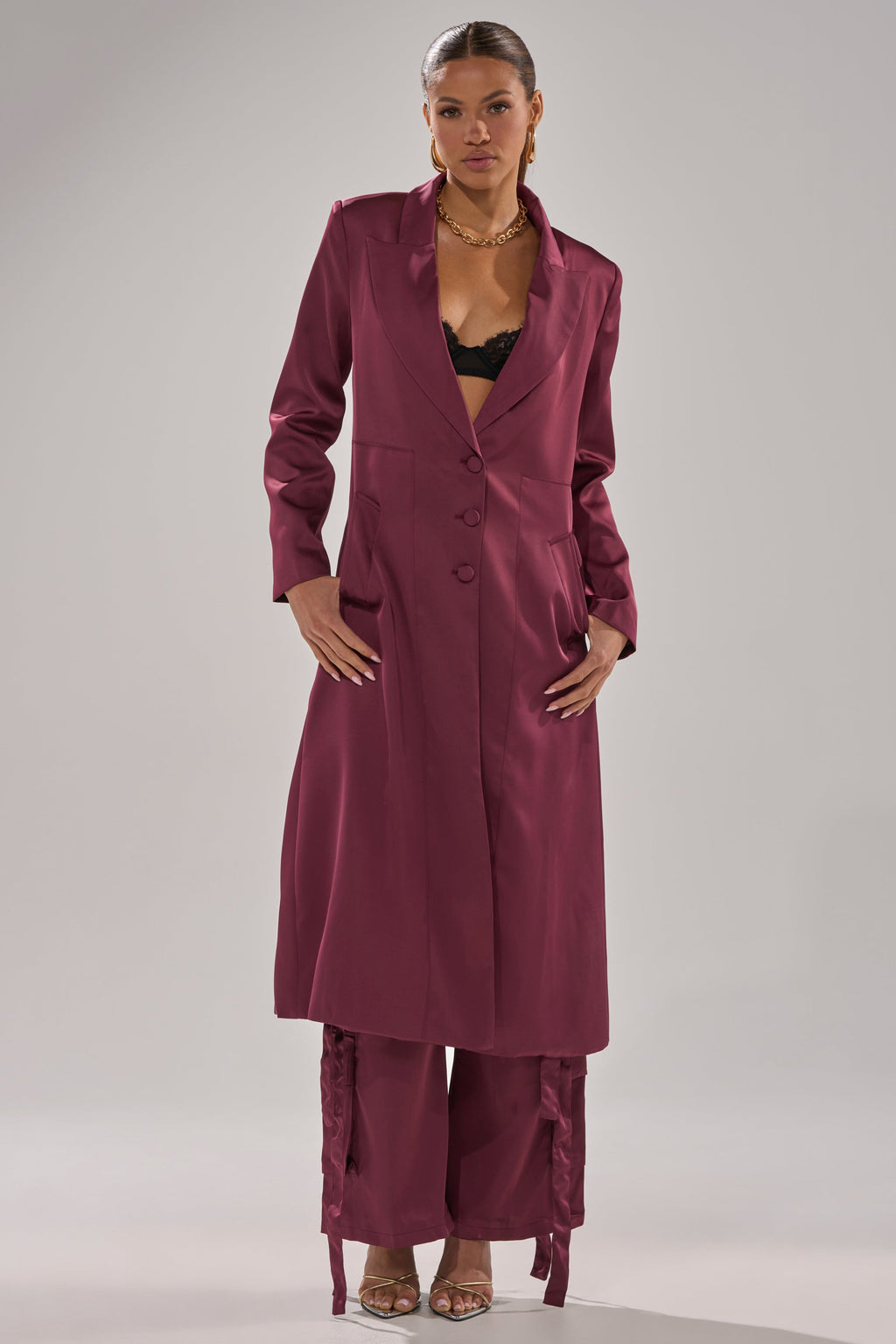 TAKE ME EVERYWHERE SATIN TRENCH IN BURGUNDY
