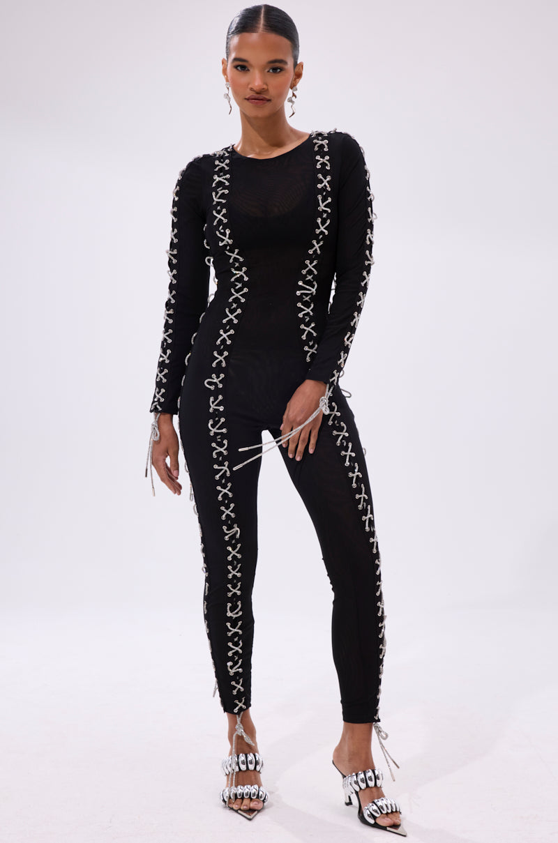 LACE IT UP MESH JUMPSUIT WITH RHINESTONE DETAIL
