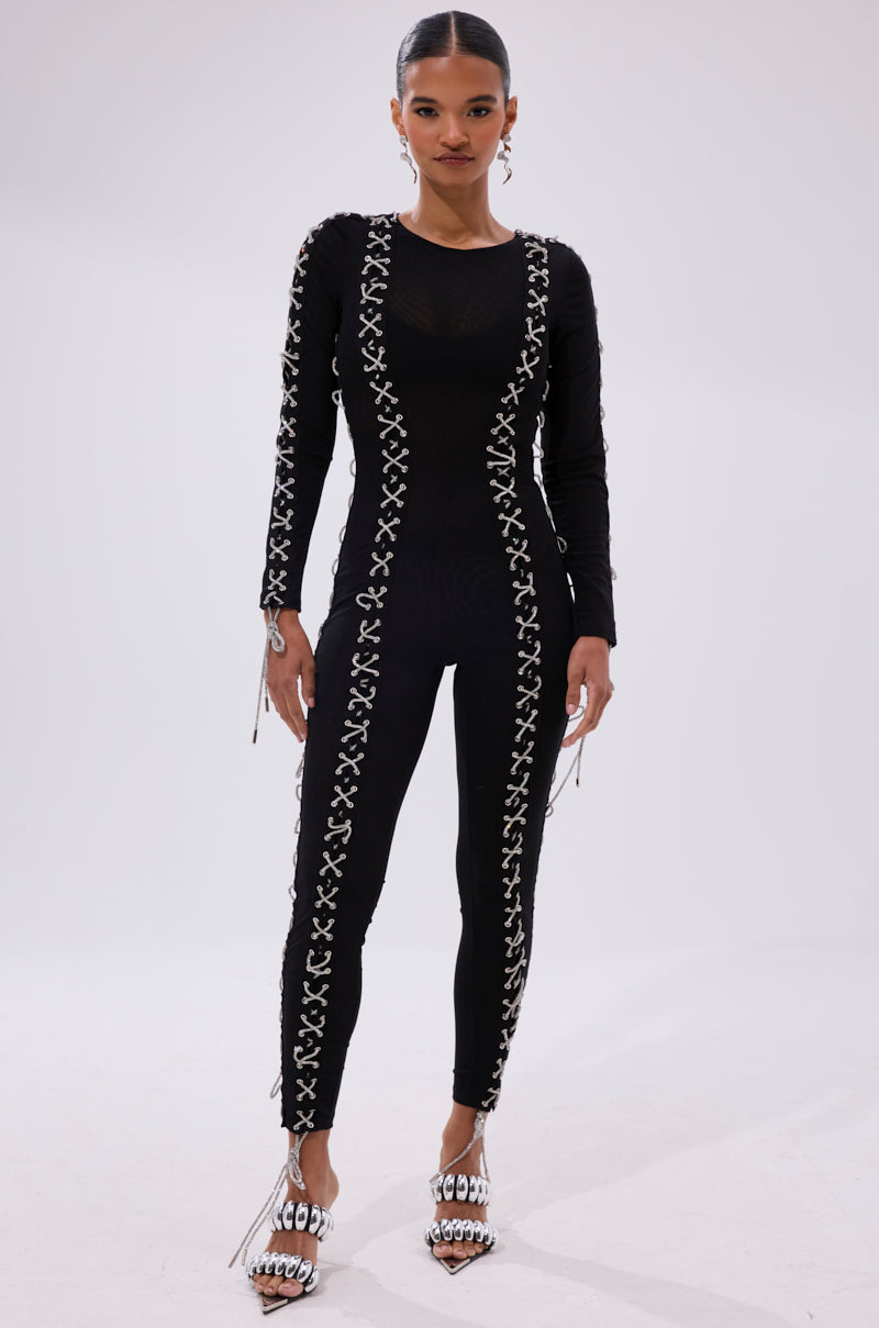 LACE IT UP MESH JUMPSUIT WITH RHINESTONE DETAIL