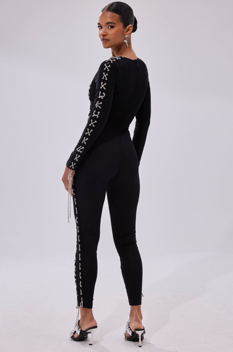 LACE IT UP MESH JUMPSUIT WITH RHINESTONE DETAIL