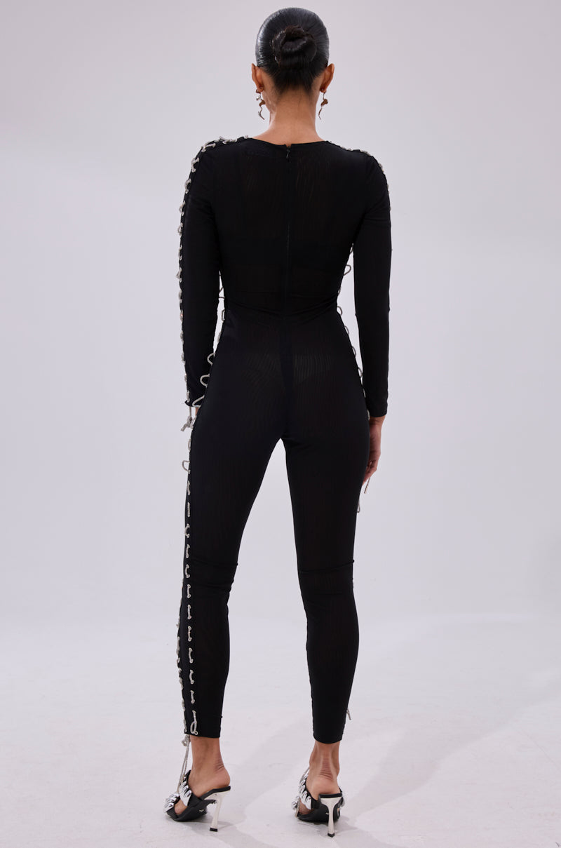 LACE IT UP MESH JUMPSUIT WITH RHINESTONE DETAIL