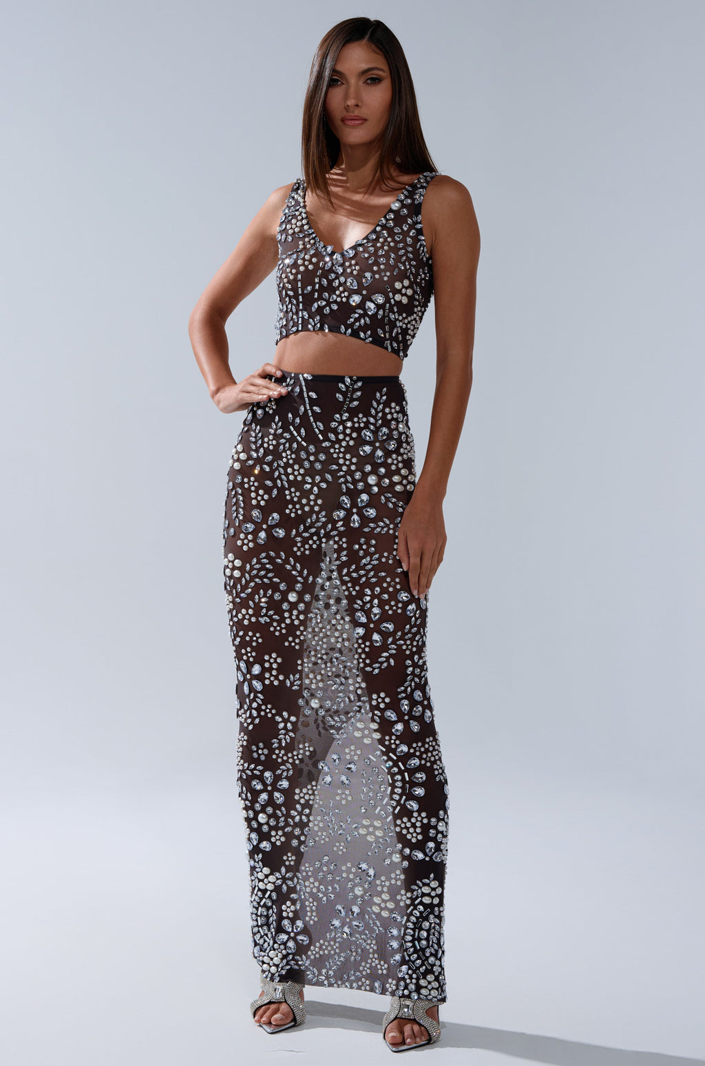 BLING BLING MESH RHINESTONE MAXI SKIRT