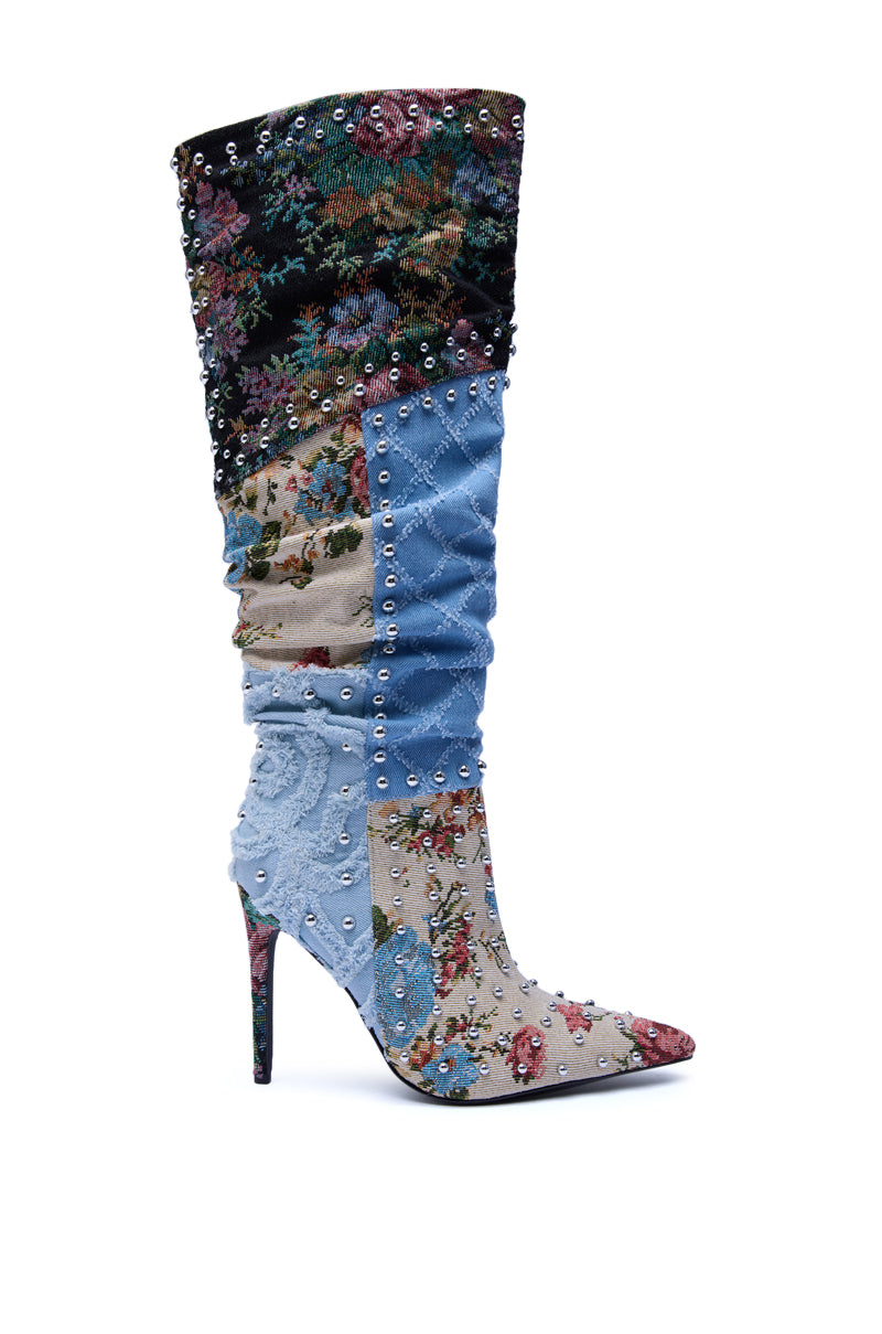 AZALEA WANG AILA DENIM MULTI STUDDED POINTED TOE STILETTO BOOT