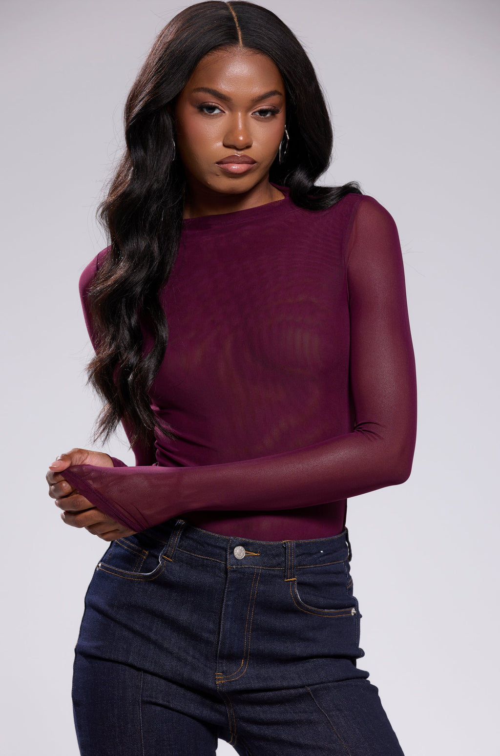 PAXTON SEXY MESH LONG SLEEVE BODYSUIT IN PLUM PURPLE