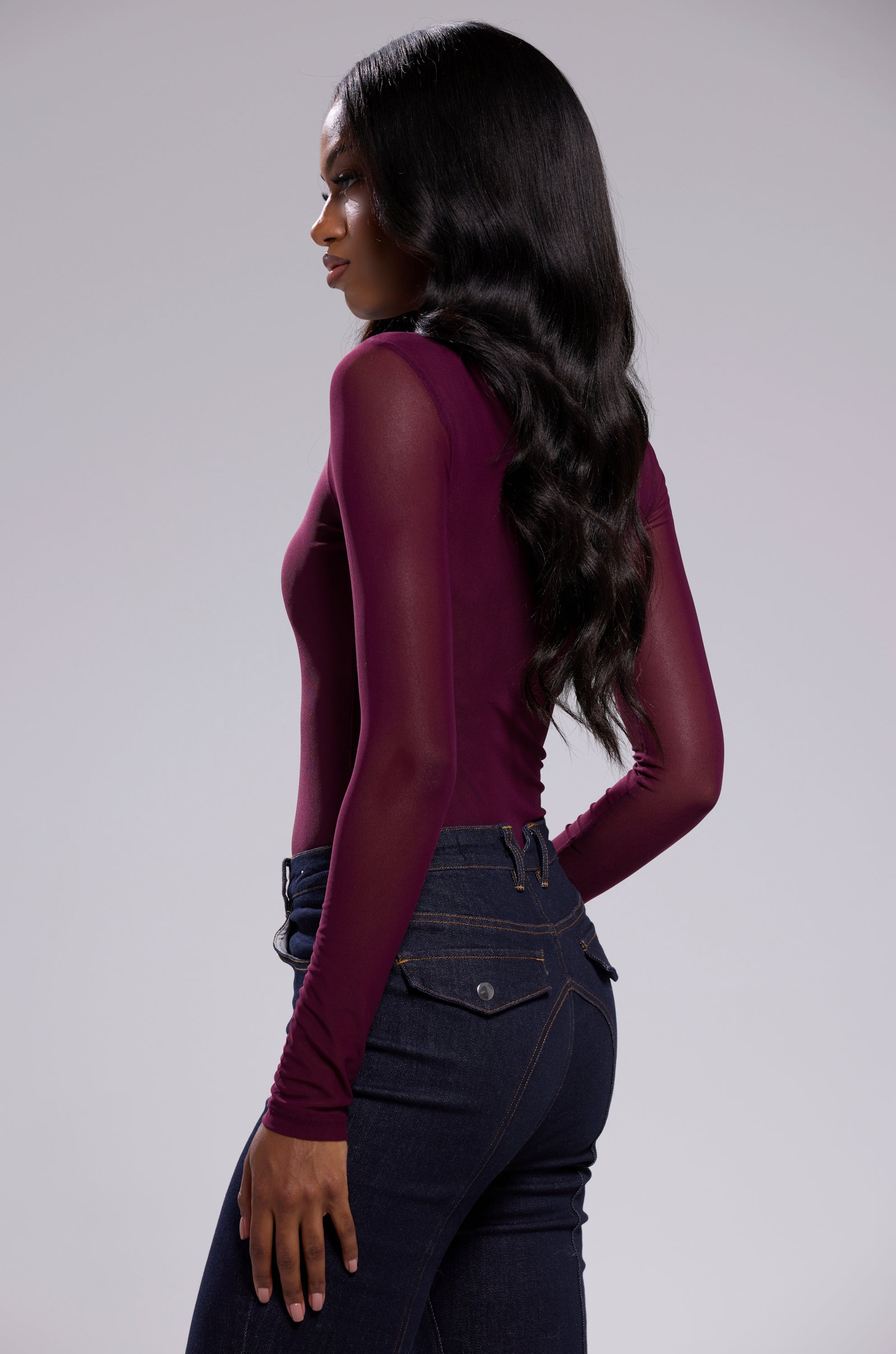 PAXTON SEXY MESH LONG SLEEVE BODYSUIT IN PLUM PURPLE