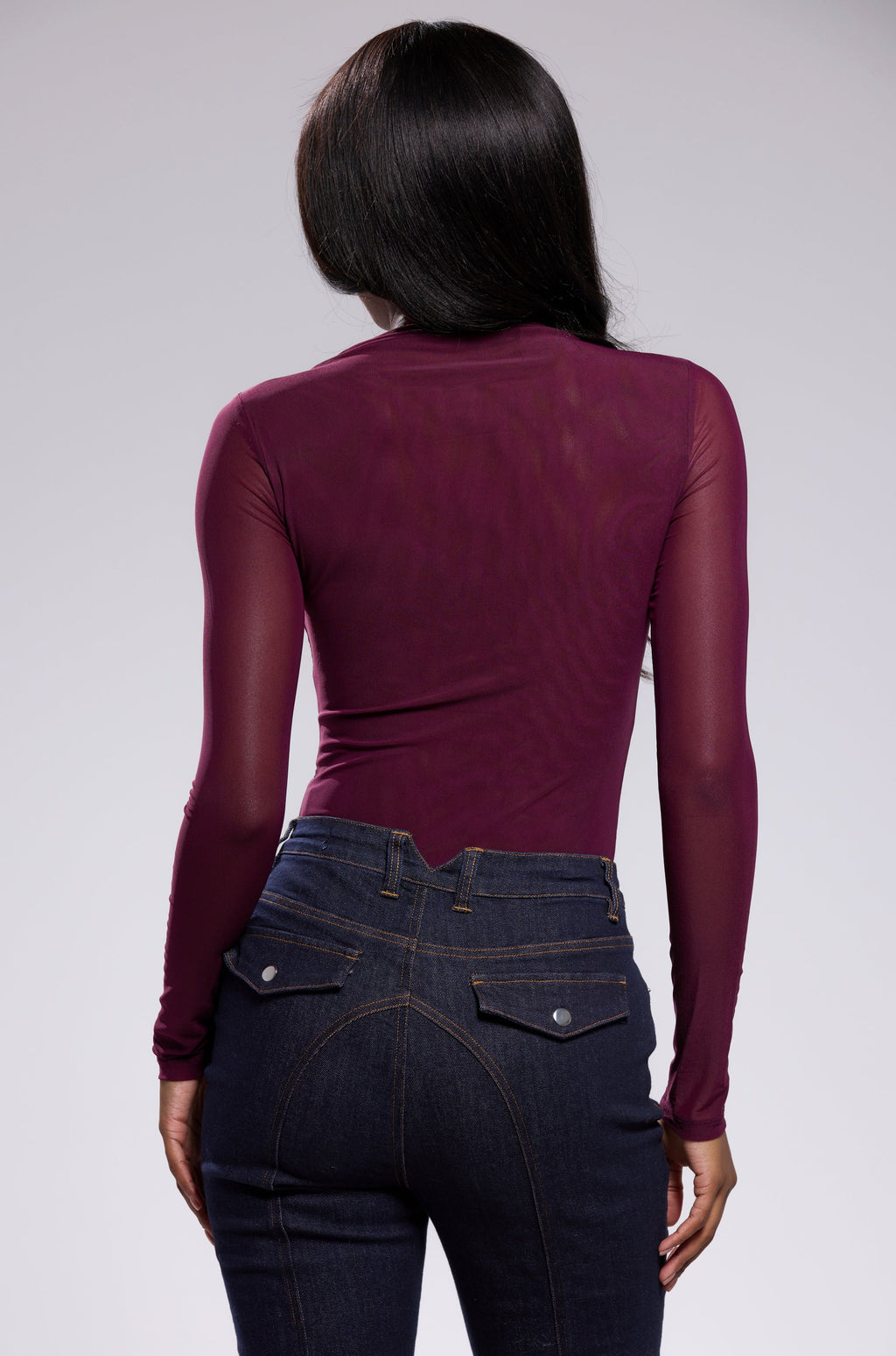 PAXTON SEXY MESH LONG SLEEVE BODYSUIT IN PLUM PURPLE