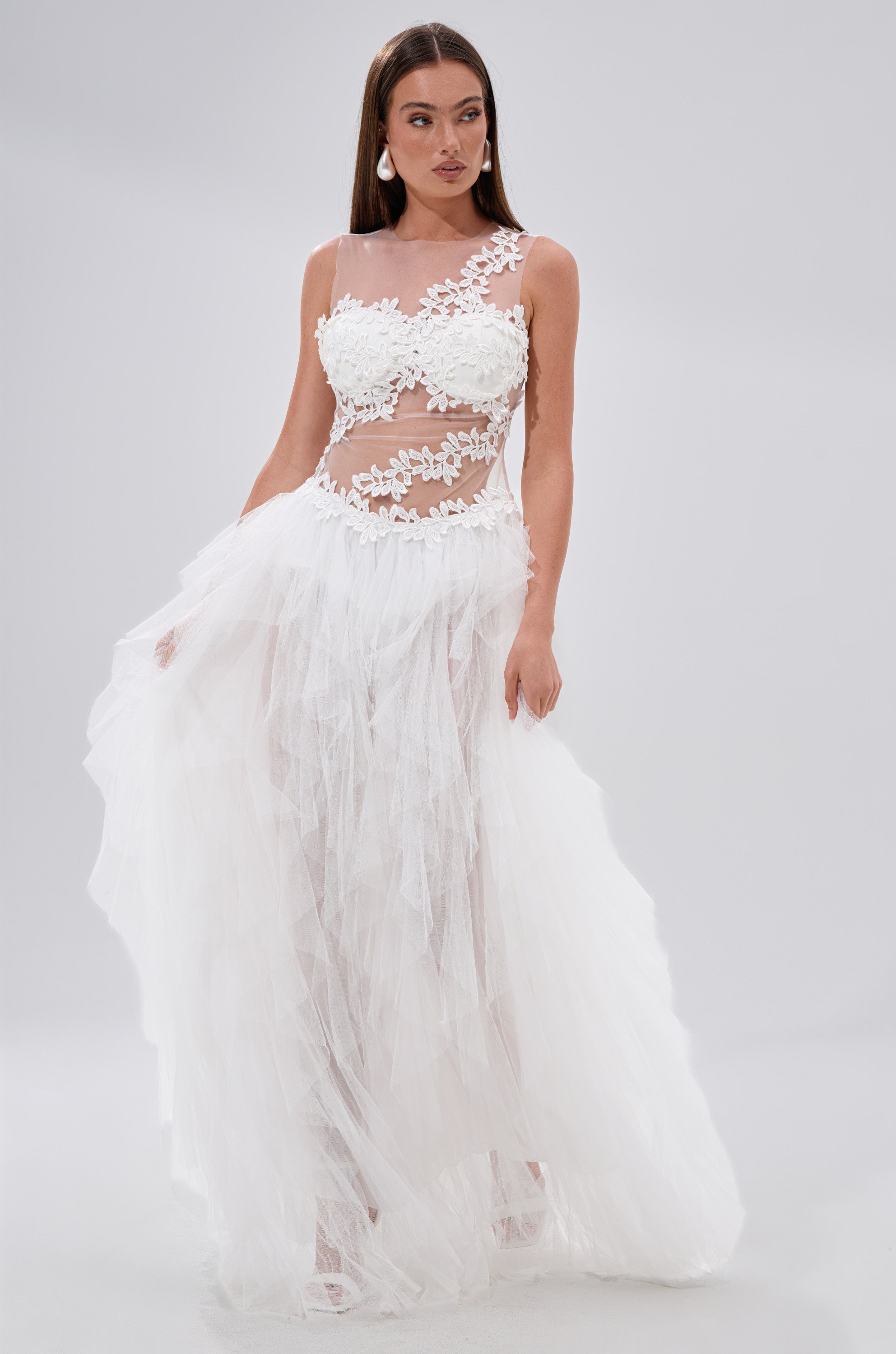 FELT CUTE RUFFLE MAXI DRESS WITH FLORAL APPLIQUES