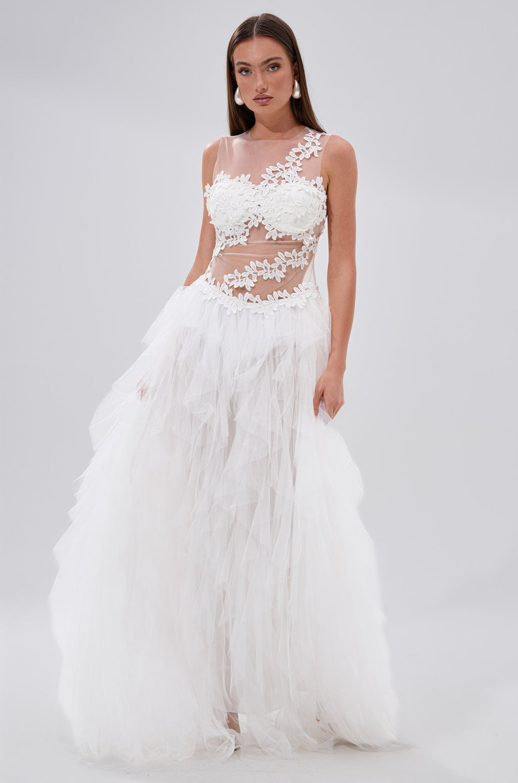 FELT CUTE RUFFLE MAXI DRESS WITH FLORAL APPLIQUES