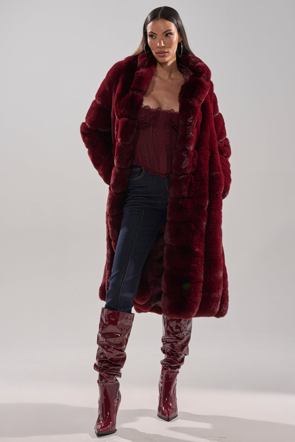 BERLIN HOODED FAUX FUR IN BURGUNDY