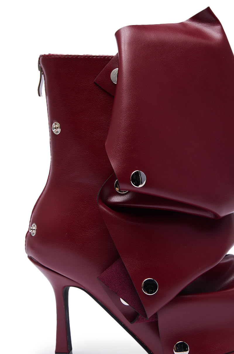 AZALEA WANG BIRDSONG BURGUNDY SNAP OPEN TOE STILETTO BOOTIE