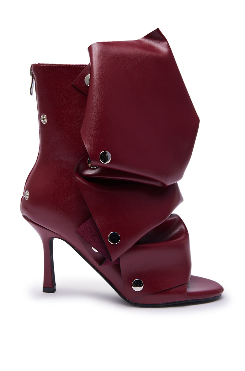 AZALEA WANG BIRDSONG BURGUNDY SNAP OPEN TOE STILETTO BOOTIE