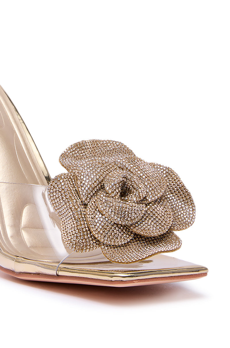 AZALEA WANG COSETTA GOLD PVC SLIP ON STILETTO WITH RHINESTONE APPLIQUE