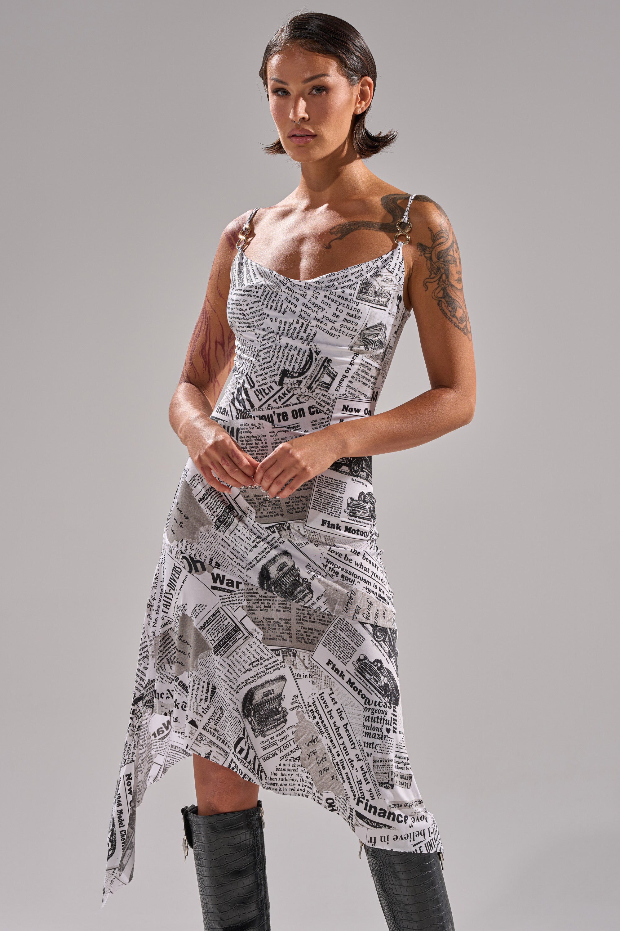 BREAKING NEWS PRINTED MIDI DRESS
