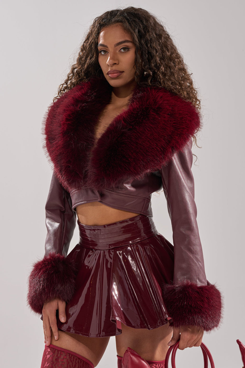 GISELE FUR TRIM MOTO IN BURGUNDY