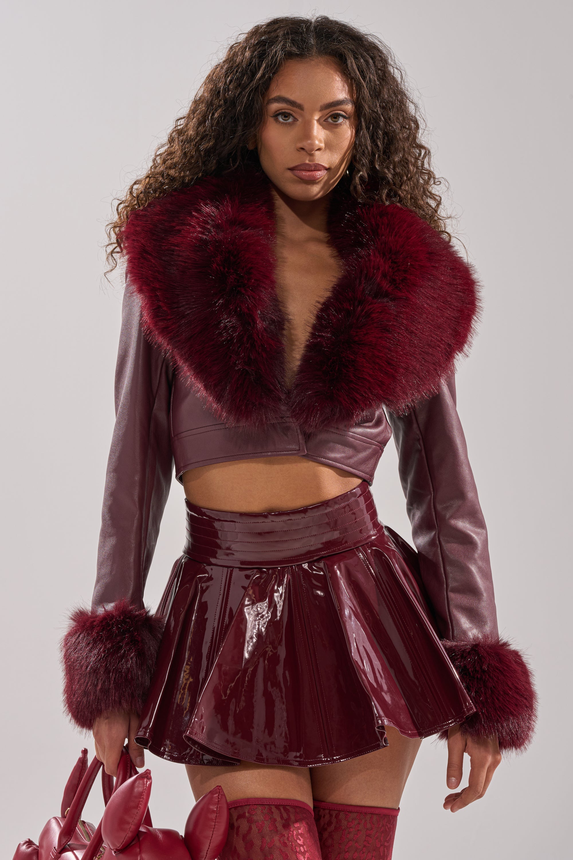 GISELE FUR TRIM MOTO IN BURGUNDY