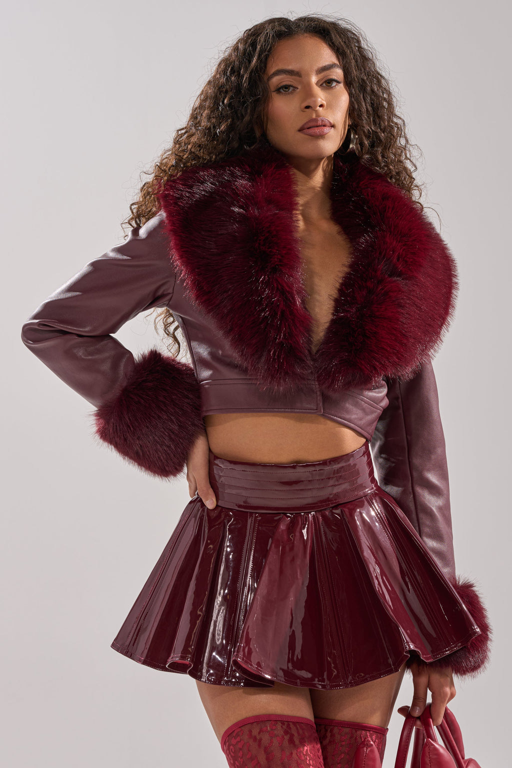 GISELE FUR TRIM MOTO IN BURGUNDY