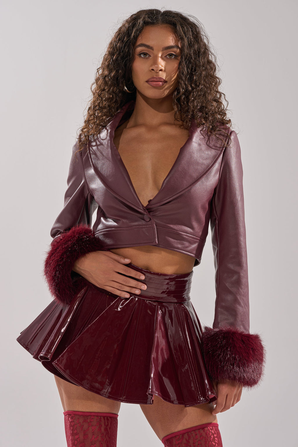 GISELE FUR TRIM MOTO IN BURGUNDY