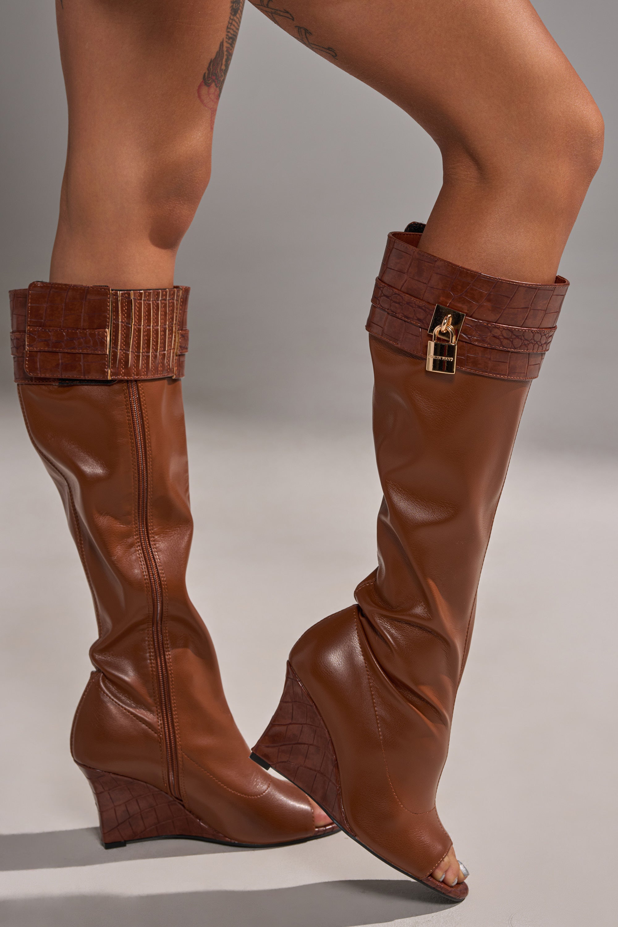 AZALEA WANG GLENNA COGNAC STRETCH PU WEDGE BOOT