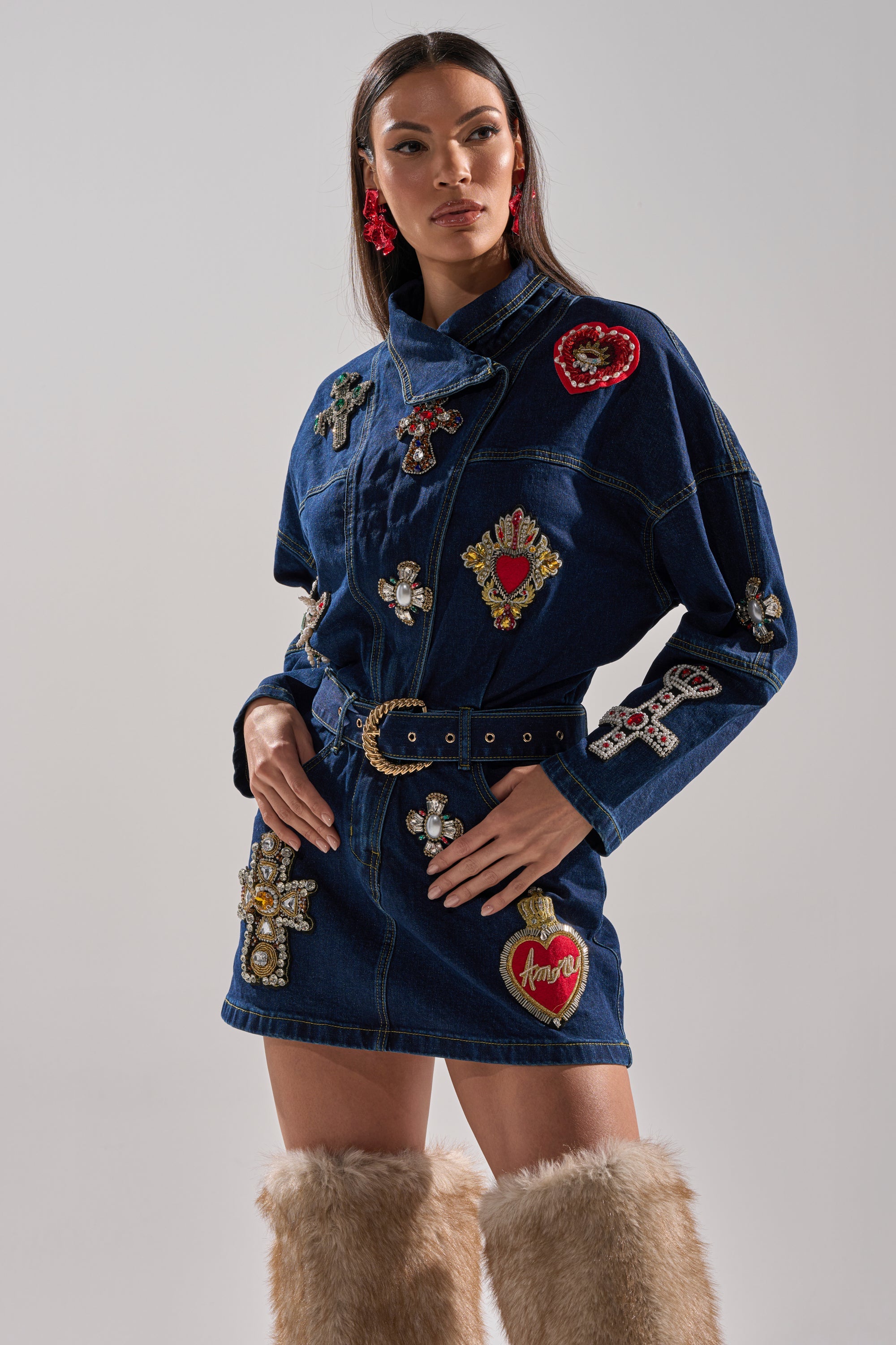 PRETTIEST PROBLEM DENIM PATCHWORK MINI DRESS