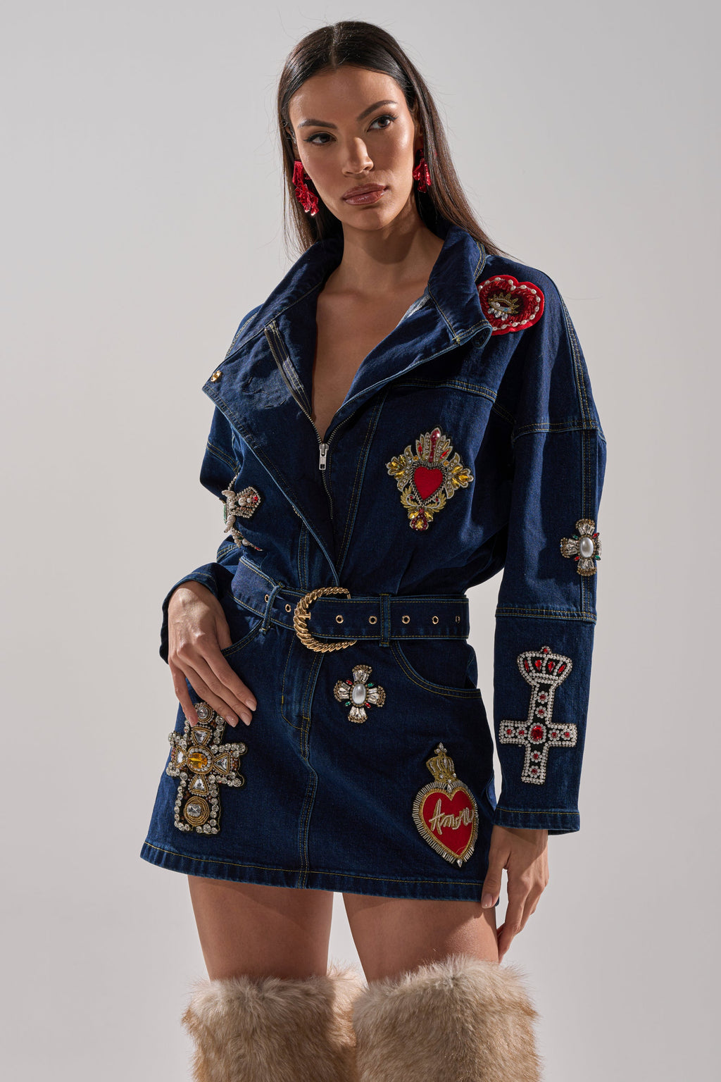 PRETTIEST PROBLEM DENIM PATCHWORK MINI DRESS