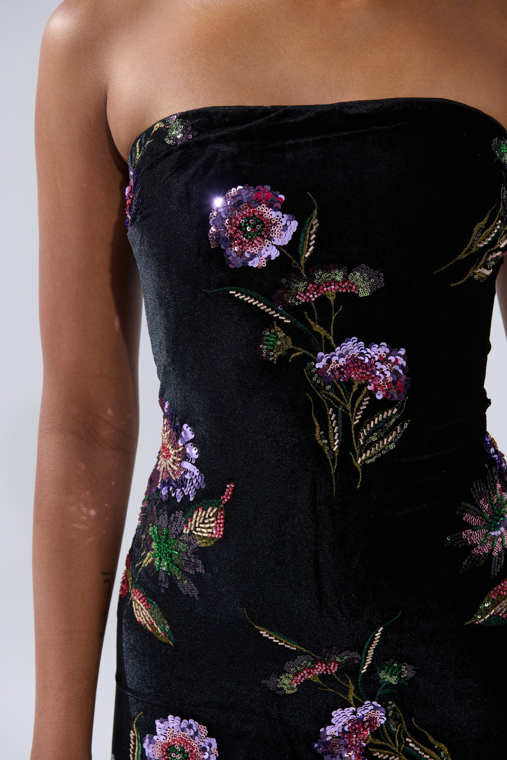 LUNA BEADED FLORAL VELVET MIDI DRESS