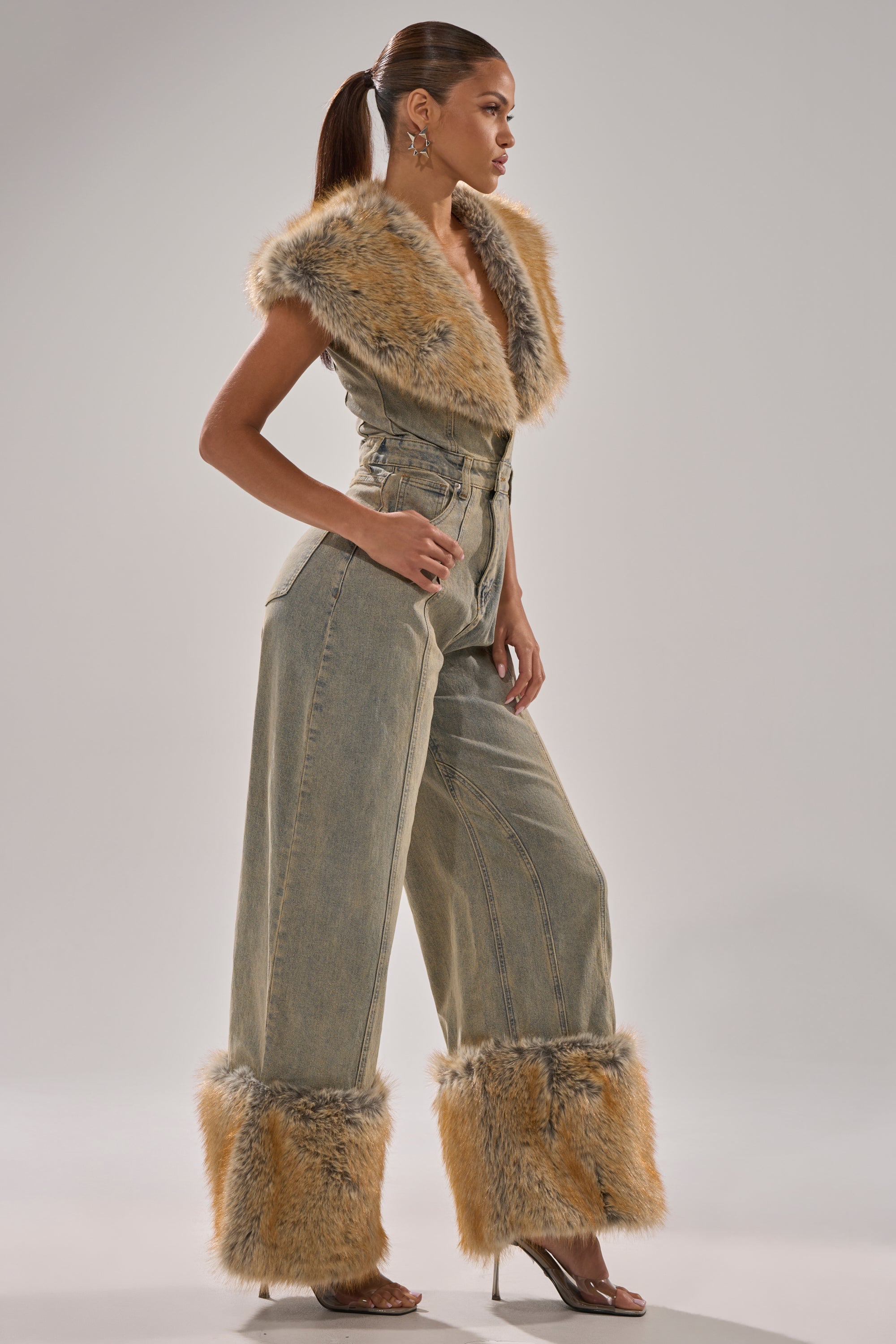 TALK THAT TALK DENIM FUR JUMPSUIT IN VINTAGE BLUE