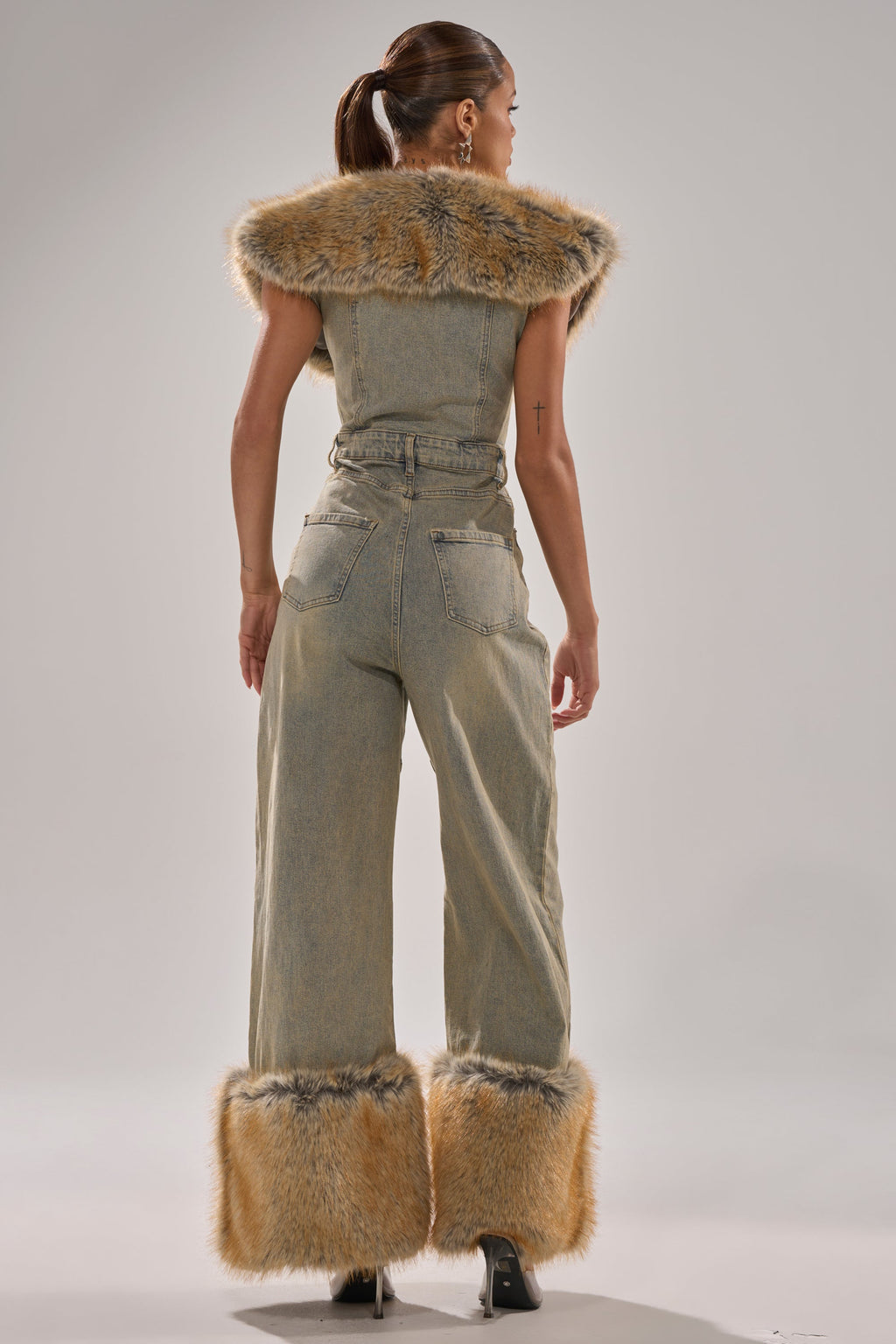 TALK THAT TALK DENIM FUR JUMPSUIT IN VINTAGE BLUE