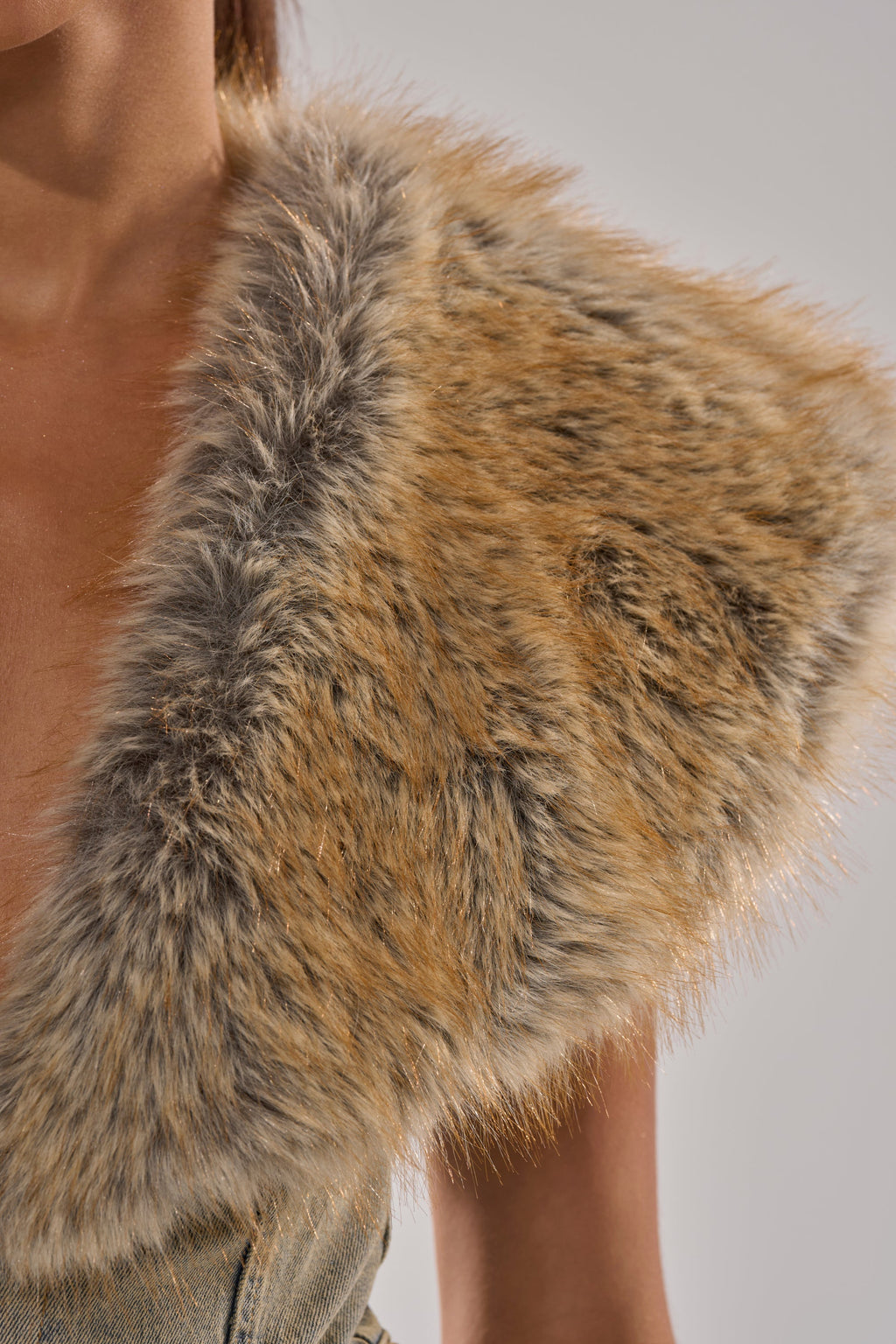 TALK THAT TALK DENIM FUR JUMPSUIT IN VINTAGE BLUE