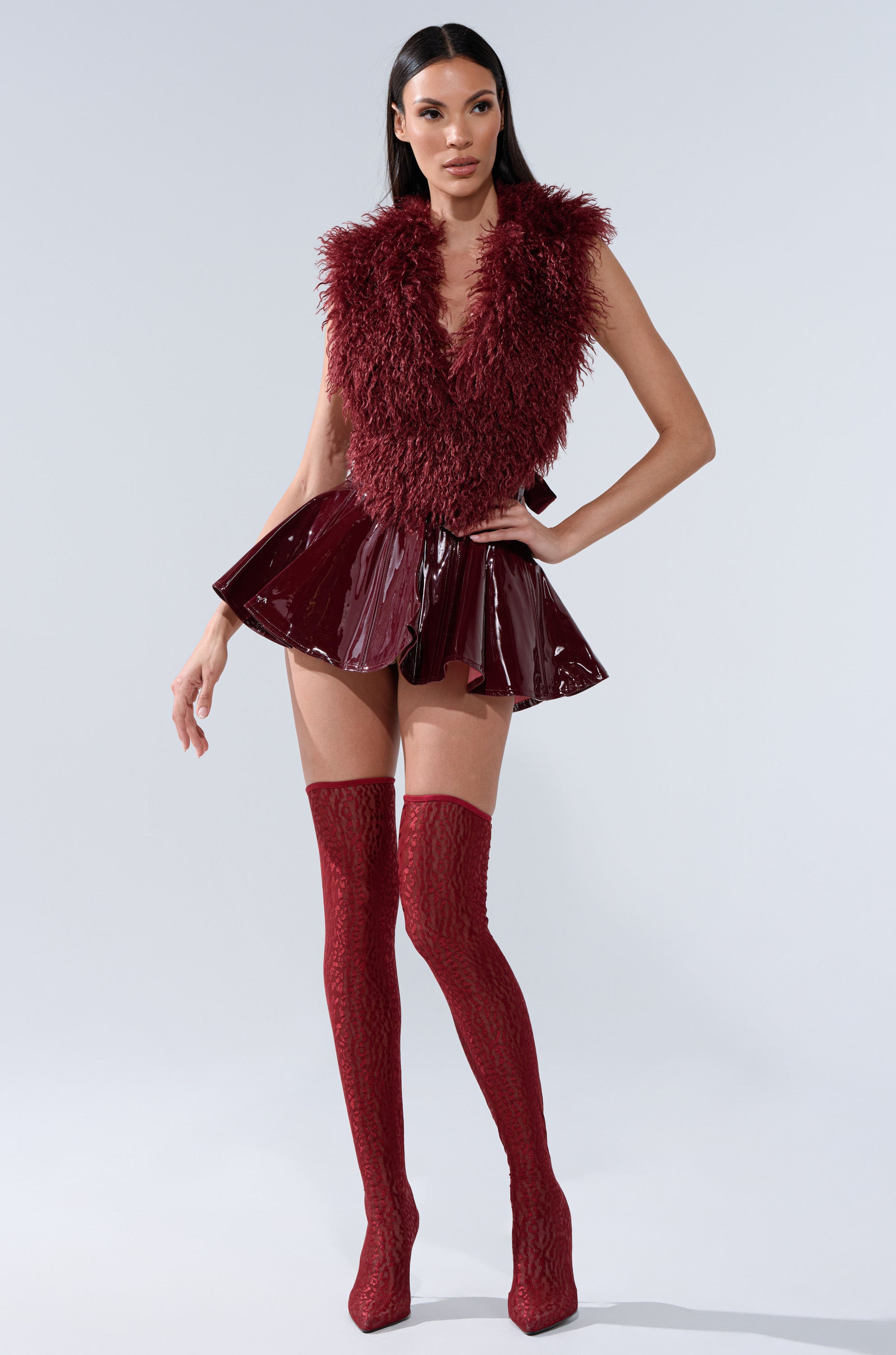 SHE IS ON FIRE FAUX LEATHER MINI SKIRT IN BURGUNDY