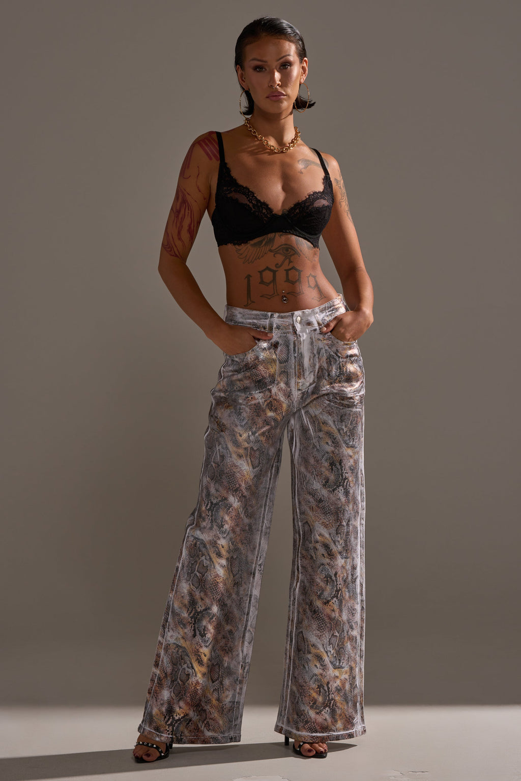 ADDICTED TO YOU METALLIC SNAKE WIDE LEG DENIM