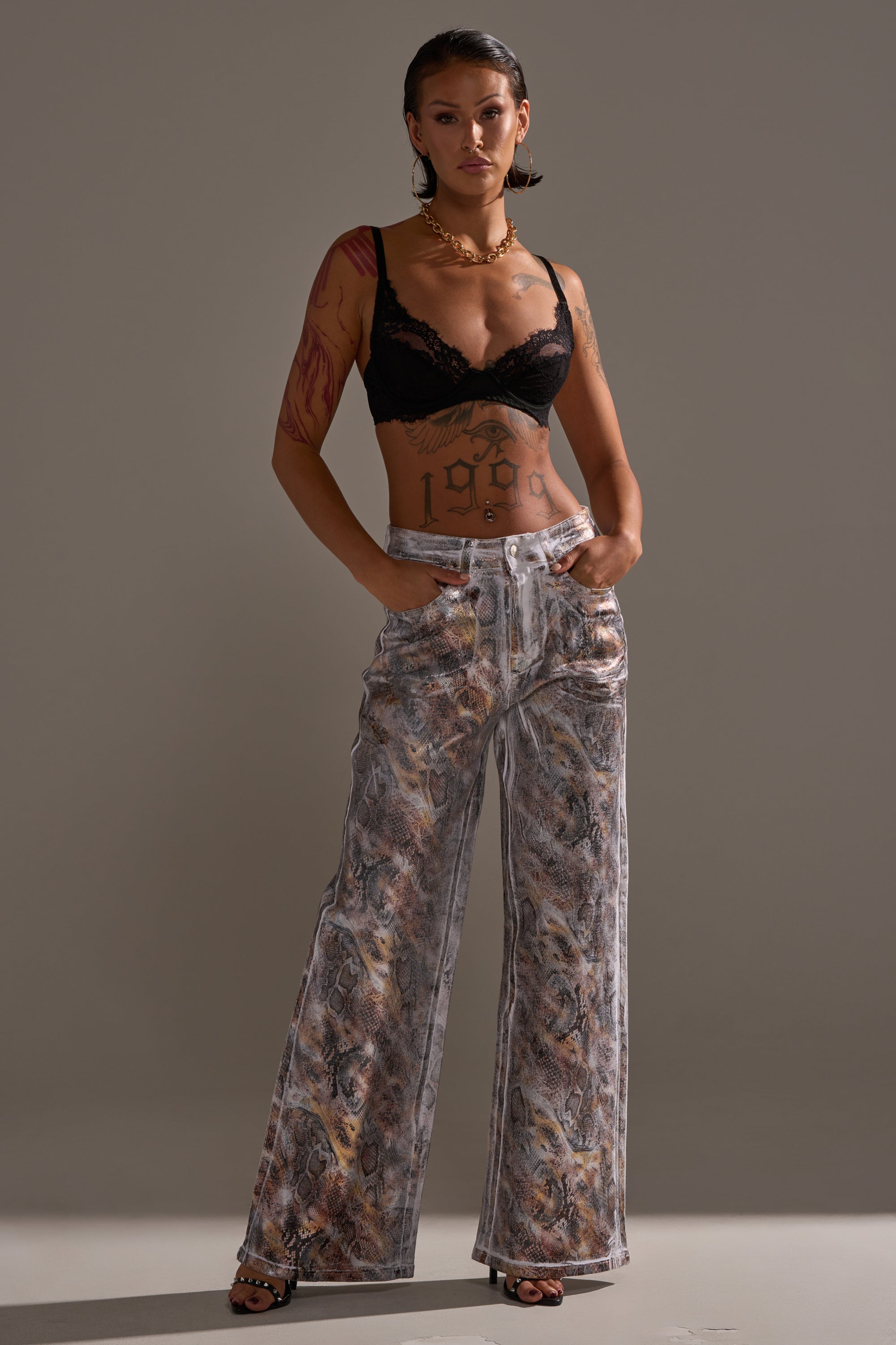 ADDICTED TO YOU METALLIC SNAKE WIDE LEG DENIM