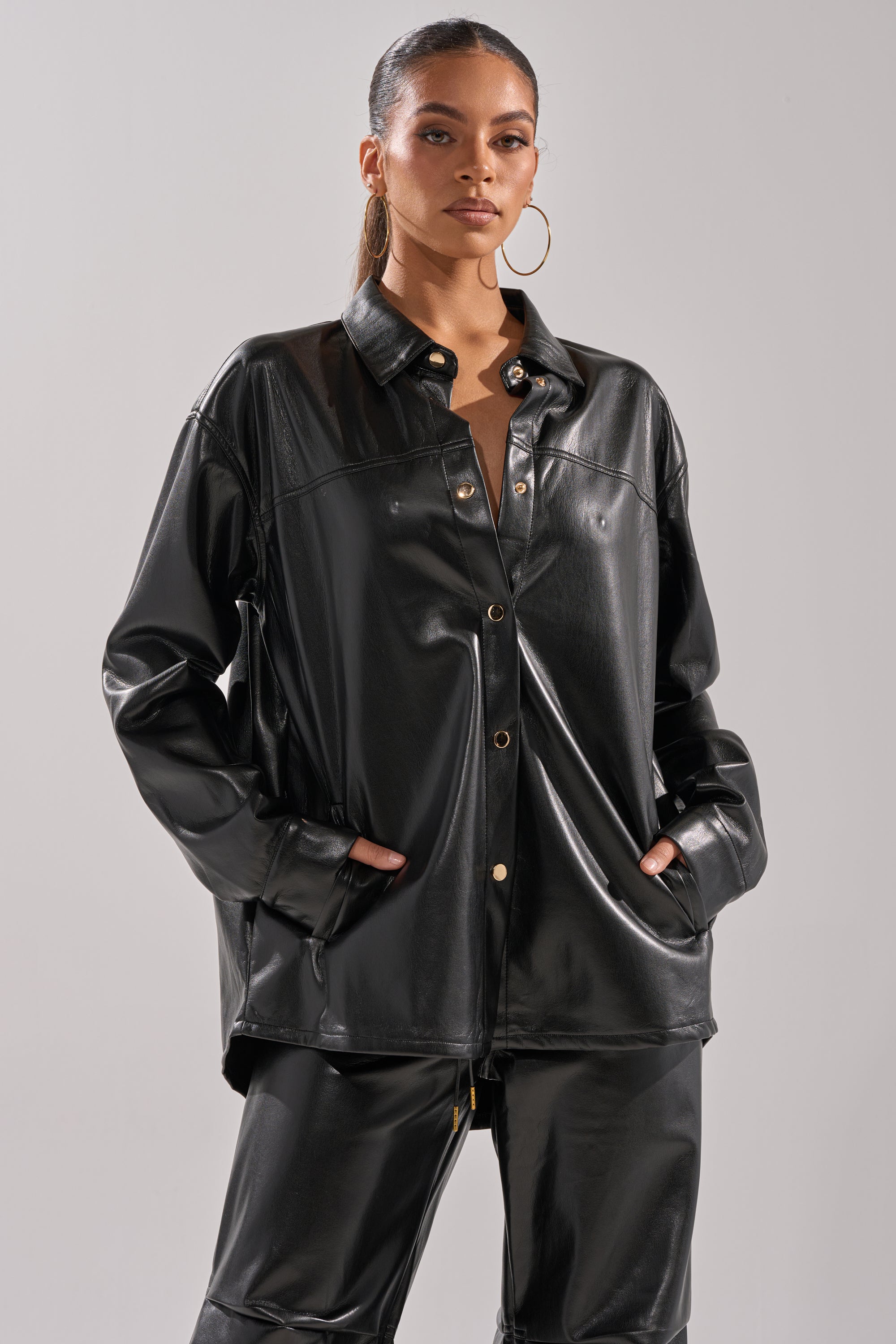 GET WITH IT FAUX LEATHER BUTTON DOWN