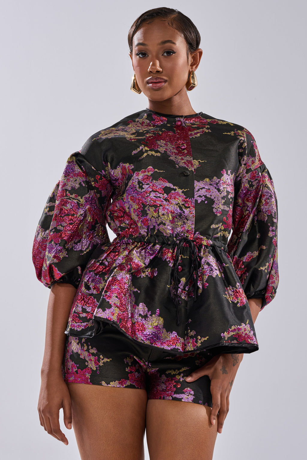 ETHEREAL BROCADE SHORT SLEEVE BLOUSE IN PINK