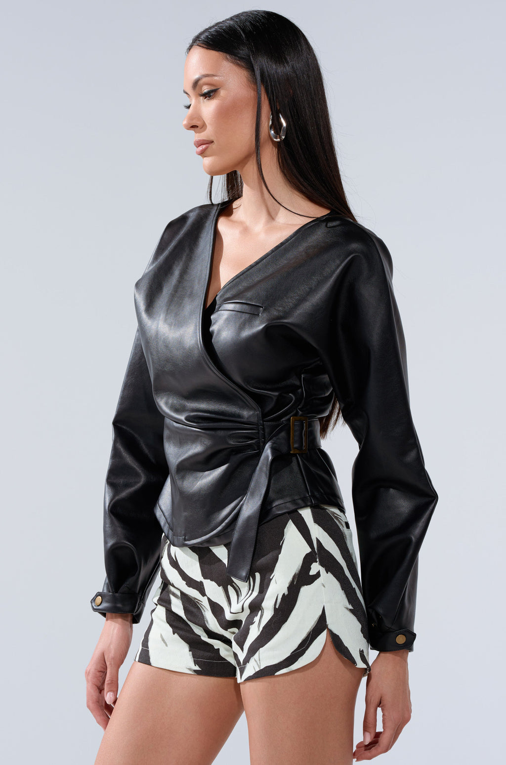 EASY ENOUGH FAUX LEATHER TIE FRONT BLOUSE