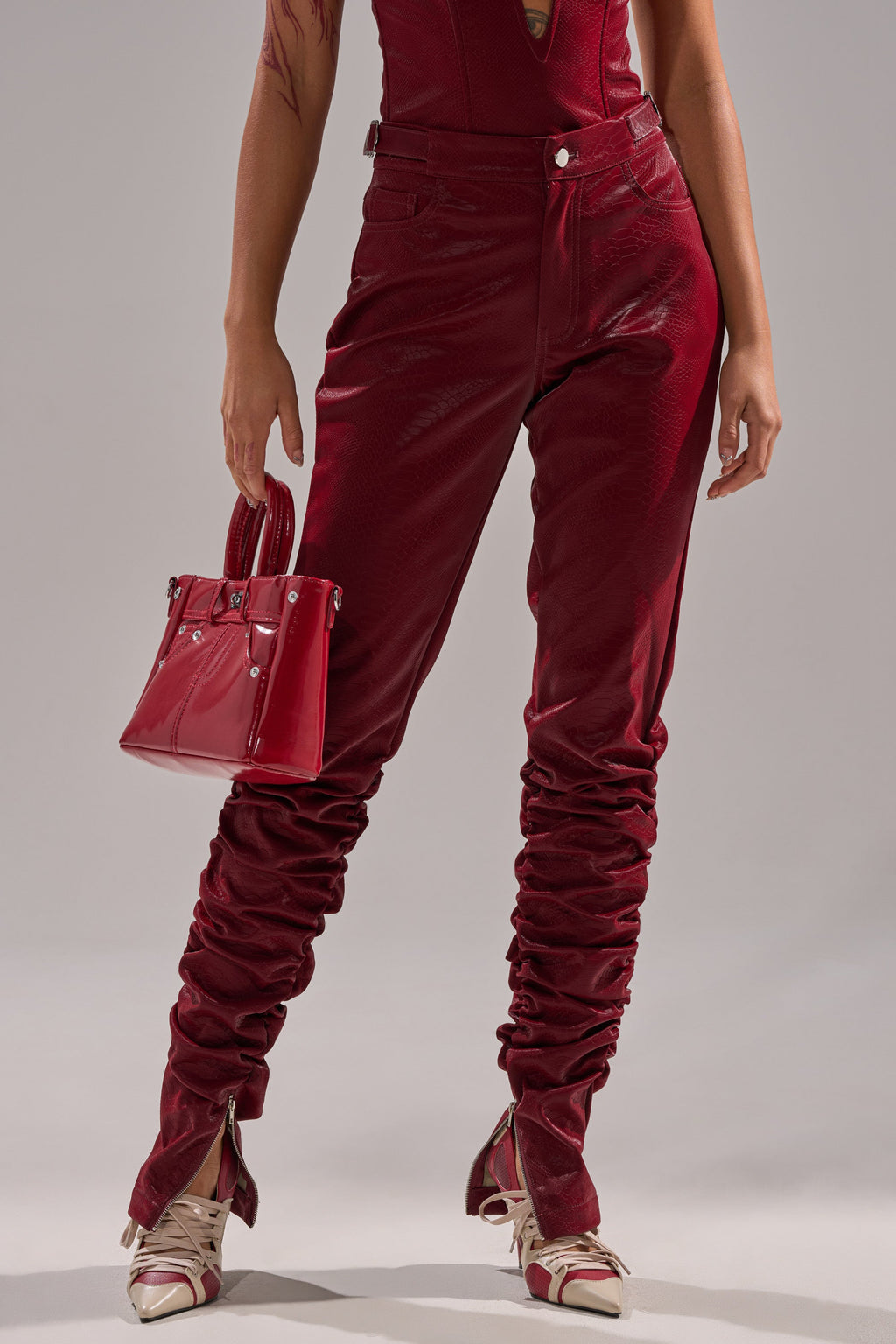 TOO HOT FOR YOU FAUX LEATHER RUCHED TROUSER