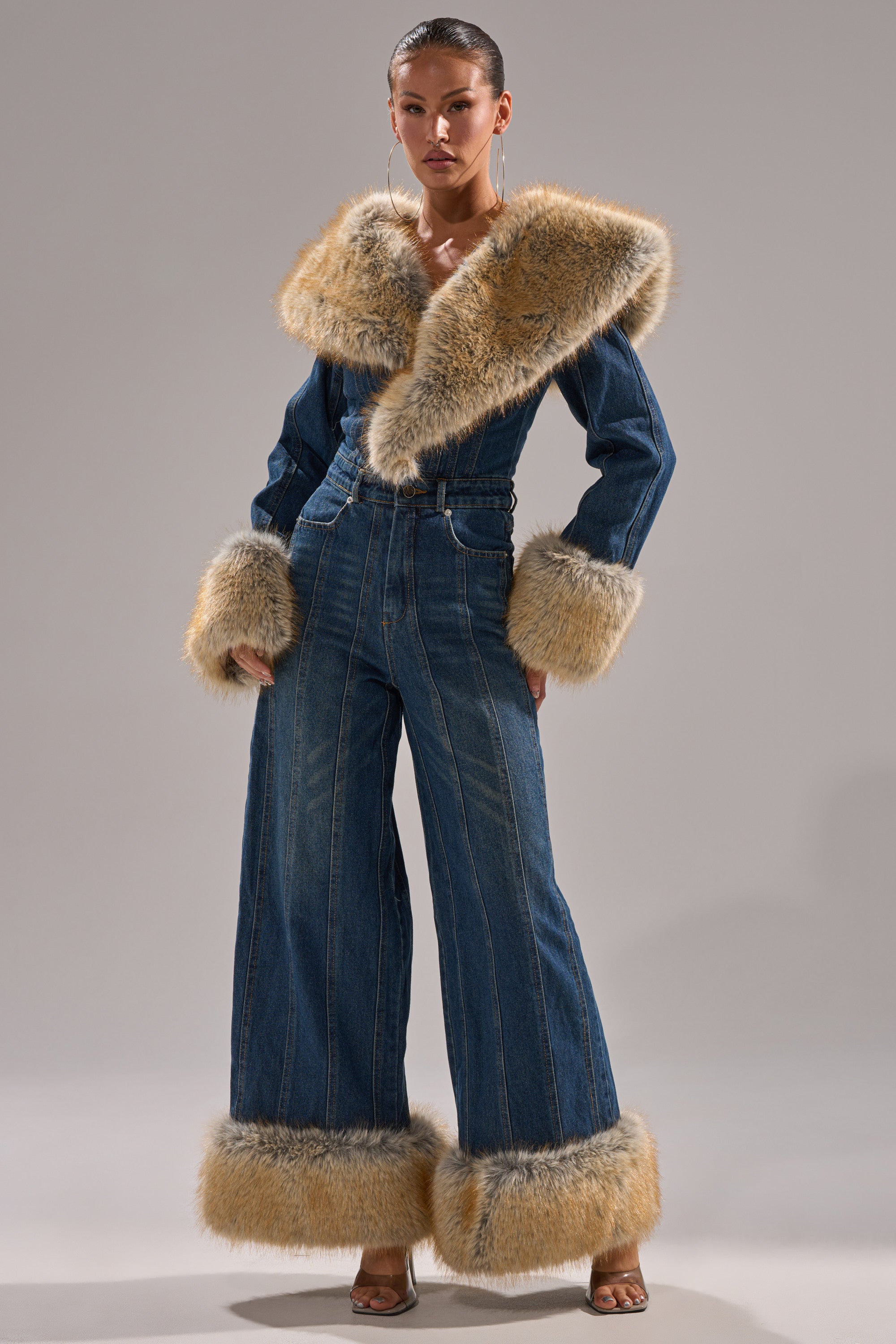 LENNOX DENIM JUMPSUIT WITH FUR ACCENTS