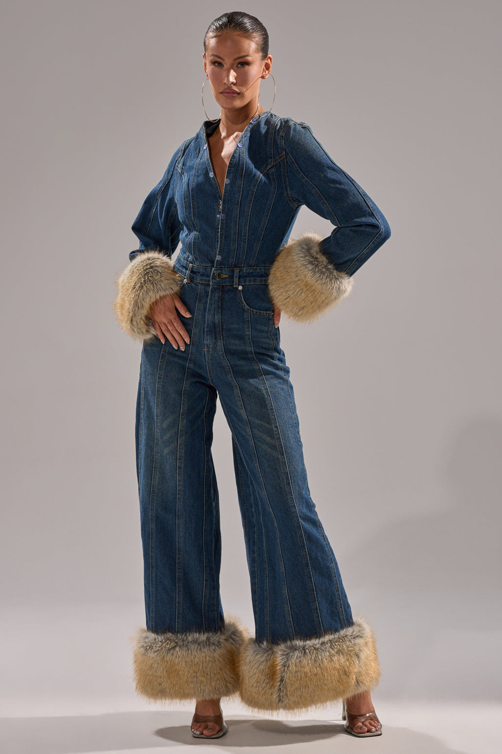 LENNOX DENIM JUMPSUIT WITH FUR ACCENTS