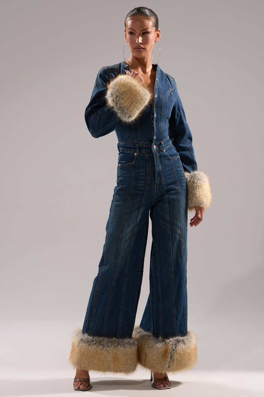 LENNOX DENIM JUMPSUIT WITH FUR ACCENTS