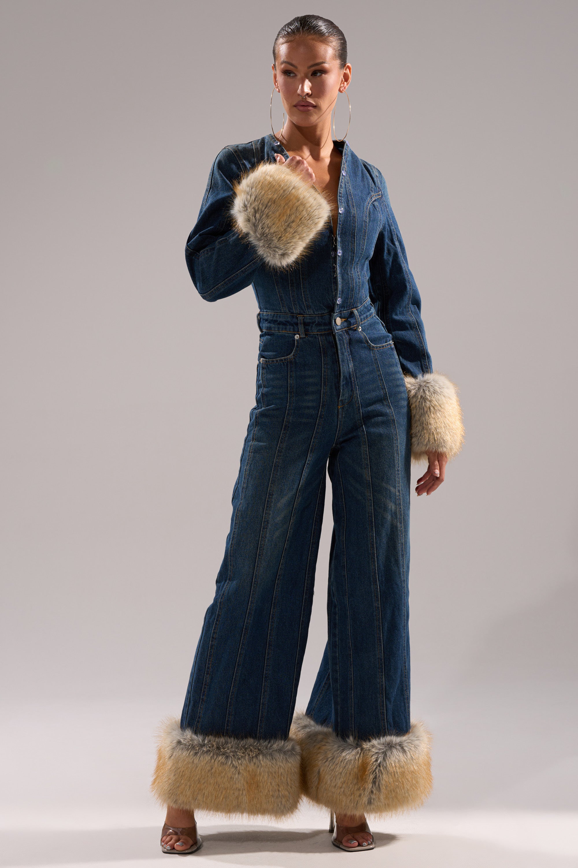 LENNOX DENIM JUMPSUIT WITH FUR ACCENTS