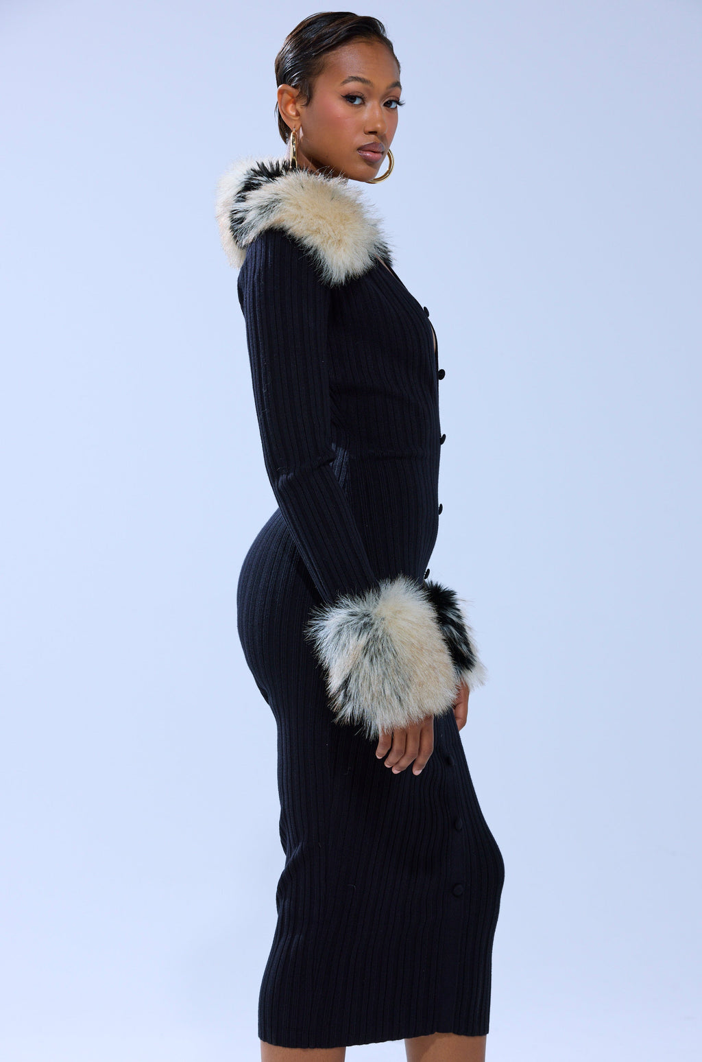 MICHELLE KNIT MIDI DRESS WITH FUR ACCENTS