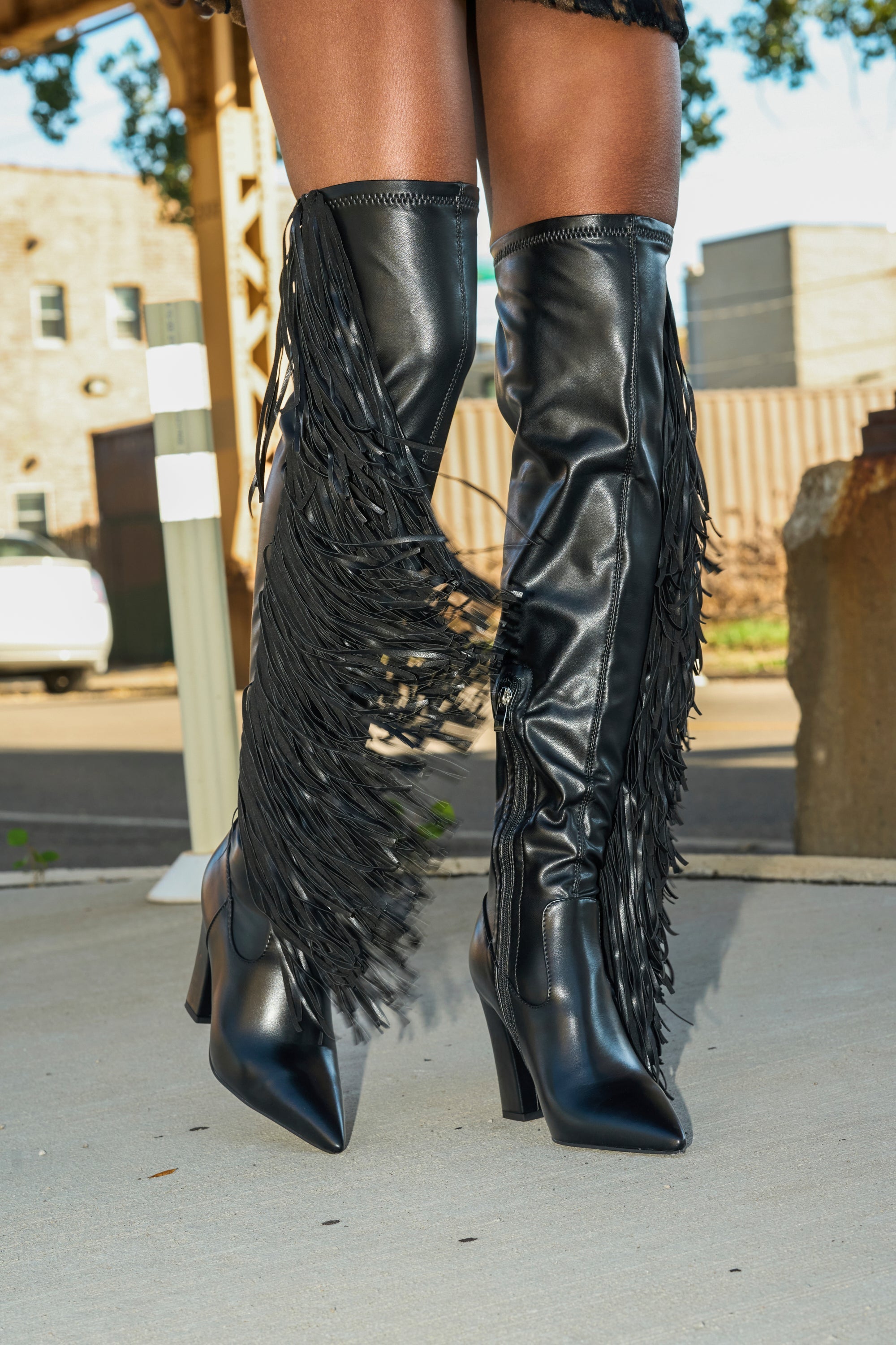 AZALEA WANG KATRICIA BLACK FRINGE CHUNKY BOOT