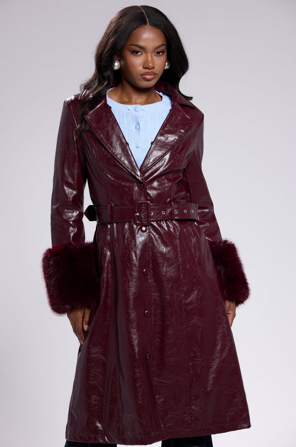 KAYA FUR TRIM TRENCH IN BURGUNDY