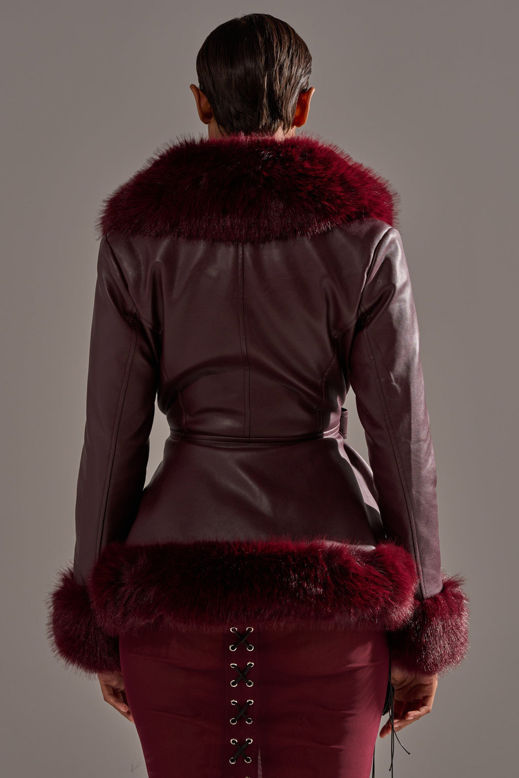 KENZY FUR TRIM MOTO IN BURGUNDY