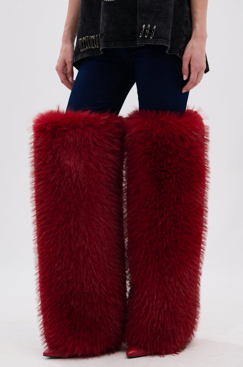 AZALEA WANG LANGLEYE RED THIGH HIGH FUR LUXE BOOT